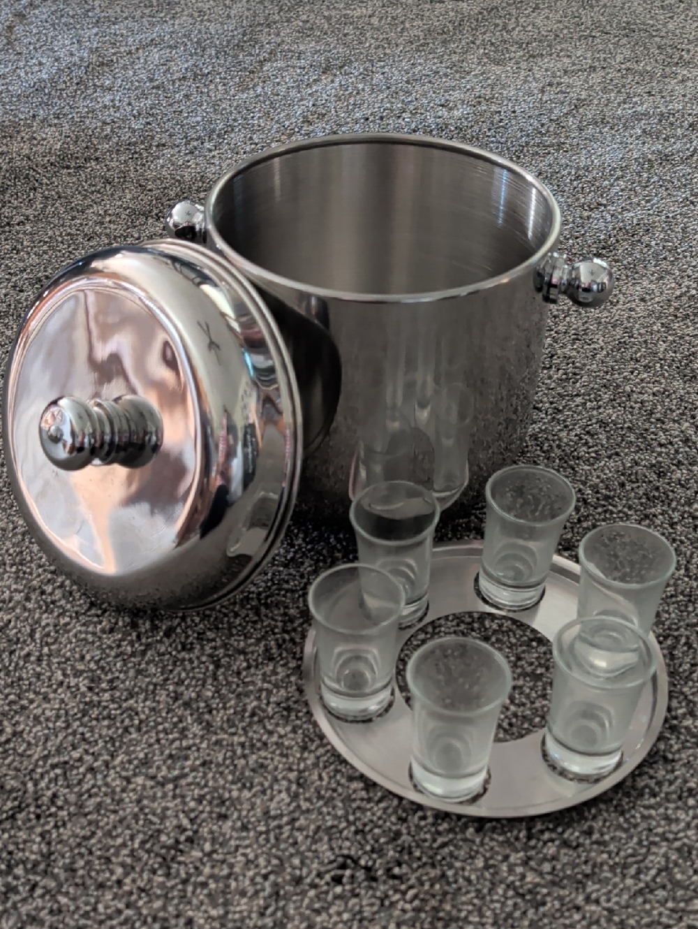 Stainless Steel Ice Bucket with Shot Glass Tray - Silver